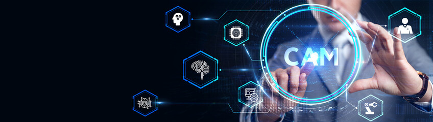 CAM Computer-aided manufacturing industrial technology automation concept.