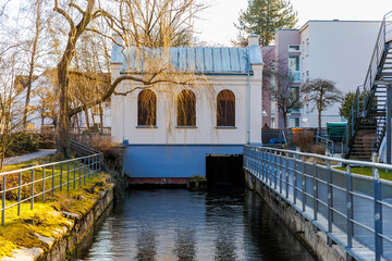 Historic small hydroelectric power station on the Singold in Augsburg