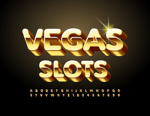 Vector luxury Logo Vegas Slots. Elite Golden 3D Font. Artistic Alphabet Letters and Numbers