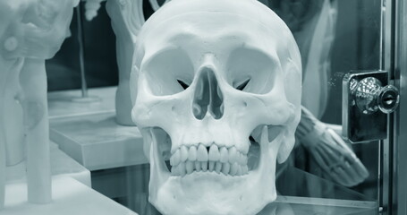 Layout of a human skull closeup, medical exhibit.