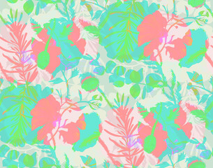 Multicolored bright seamless pattern. Mix of botanical silhouettes of buds and flowers of poppy and herbs for summer textiles and various design
