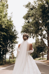 Photo of the bride from the back. long veil