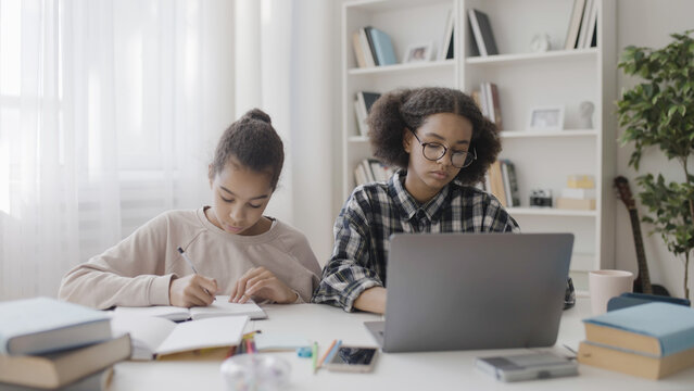 Exhausted Teen Girls Studying At Home, School Time Management, Academic Pressure