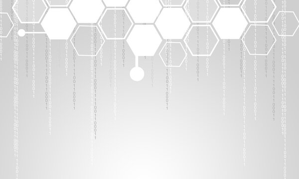Illustration, binary cod. Geometric abstract background with hexagons in the center with a digital code on a gray background. Molecular structure and bond. The concept of science and new technologies.