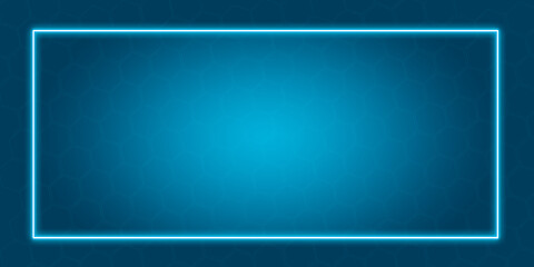 Bright blue background with a neon frame and hexagons on the background. Vertical illustration. The concept of new technologies.