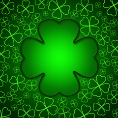 St. Patrick's Day. Green bright background with clover. Beautiful frame for St. Patrick. Clover leaves on a green background.