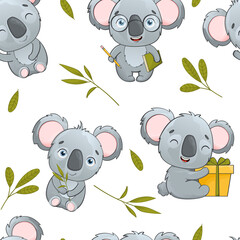 Seamless vector pattern with koalas. Cute Australian bears and tropical leaves. Cartoon koala design. Vector nature background for children. Pattern with tropical animals for wrapping and design.