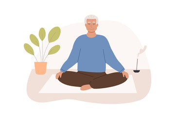 Modern elderly man with crossed legs and closed eyes meditating at home. Senior old male person practicing yoga, mindfulness meditation and breath control exercises. Vector illustration in flat style.