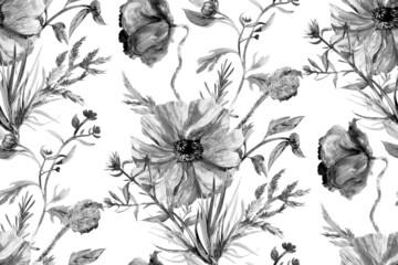 Watercolor seamless pattern with monochrome poppy flowers on a white background. Background for creating design and textiles in vintage style