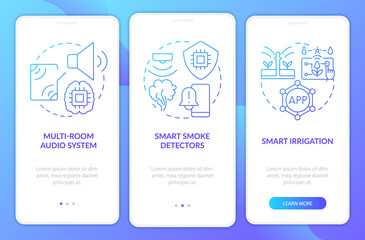 Home automation products blue gradient onboarding mobile app screen. Walkthrough 3 steps graphic instructions pages with linear concepts. UI, UX, GUI template. Myriad Pro-Bold, Regular fonts used