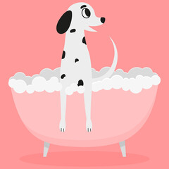 Cute dogs taking a shower in the bathroom. A logo for a dog barber shop, a styling and grooming shop, a pet store. Vector illustration of the dalmatian.