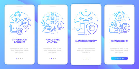 Smart technology for seniors blue gradient onboarding mobile app screen. Walkthrough 4 steps graphic instructions pages with linear concepts. UI, UX, GUI template. Myriad Pro-Bold, Regular fonts used
