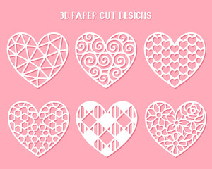 Heart paper cut templates for Valentine's, Wedding or Mother's Day. Vector set stencils. Decorative holidays symbol. Carved patterns. For laser, plotter cutting, printing on t shirts.