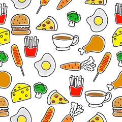 Foods doodle pattern with a colorful design suitable for fabric or wallpaper. Set of colorful food doodle illustration