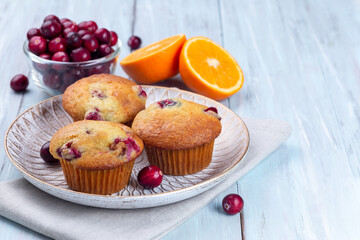 Homemade cranberry orange muffins on wooden plate, horizontal, copy space