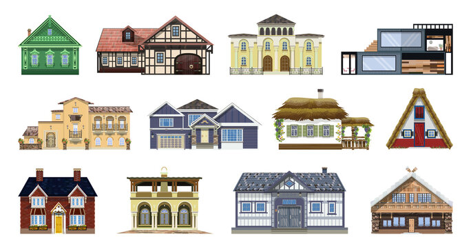 Illustrations of residential buildings from different countries. Houses in different architectural styles.