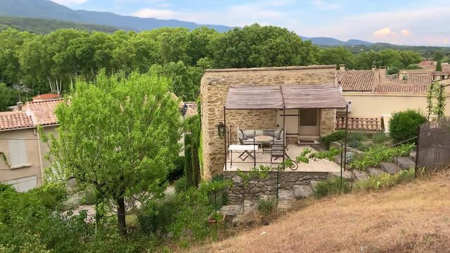 terrace of a gite rented by tourists during summer in the village of Cucuron in the Luberon valley in Provence, France