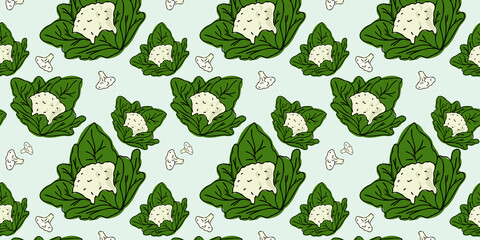Cauliflower whole and slices, beautiful vector seamless pattern. Fruit, suitable for wallpapers, web page food backgrounds, surface textures, textiles. Doodle or hand drawn cartoon style.