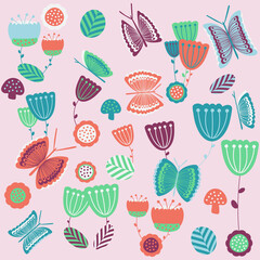 Colorful butterflies and flowers. Perfect for backgrounds, wallpapers, fabric, textile, etc.