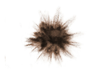 Abstract brown powder explosion. Closeup of brown dust particle splash isolated on white  background