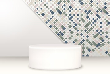 Background vector 3d gray rendering with podium and minimum product price. Mosaic wall background.