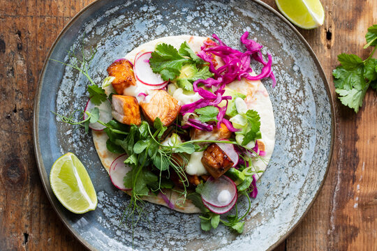 Tacos With Salmon, Pickled Red Cabbage, Wasabi Mayo And Pea Shoots