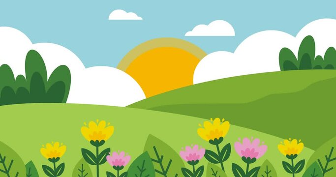animated background of green and cool hills scenery with beautiful flowers