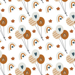 Festive seamless pattern. Balloons, stars, sky, garland. Boho style decor. 