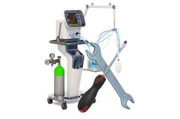 Service and repair of ICU medical ventilator, 3D rendering