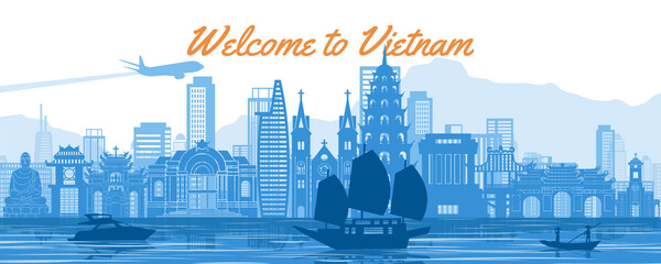 Vietnam famous landmarks silhouette style with blue and white color,vector illustration