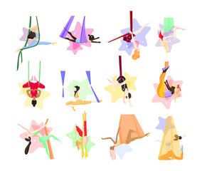 Collection of illustrations with girls doing aerial yoga. Stretching in hammocks.