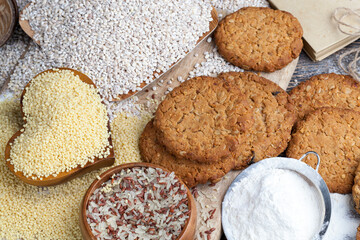 wheat-oatmeal cookies with peanuts, closeup