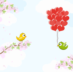 Birds in love on blossom branches