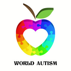 Fototapeta premium World Autism. 3d colorful puzzle apple with love heart inside concept vector.
