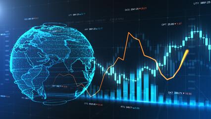 Stock market background illustration with the globe map. Abstract financial information with charts, numbers and diagrams for marketing success concept.