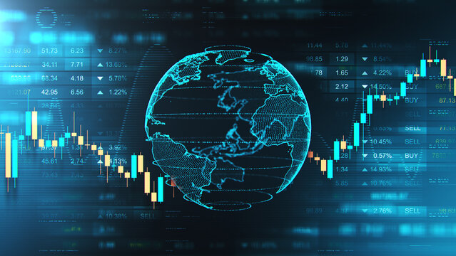 World globe illustration with stock market information background. Abstract financial business analysis texture. Trendy futuristic image for commerce concept.