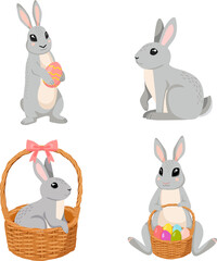 Set of cute Easter cartoon bunny. Vector illustration.