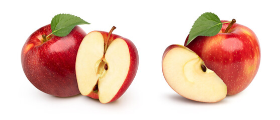 Red apple with leaves and slices isolated on white background.