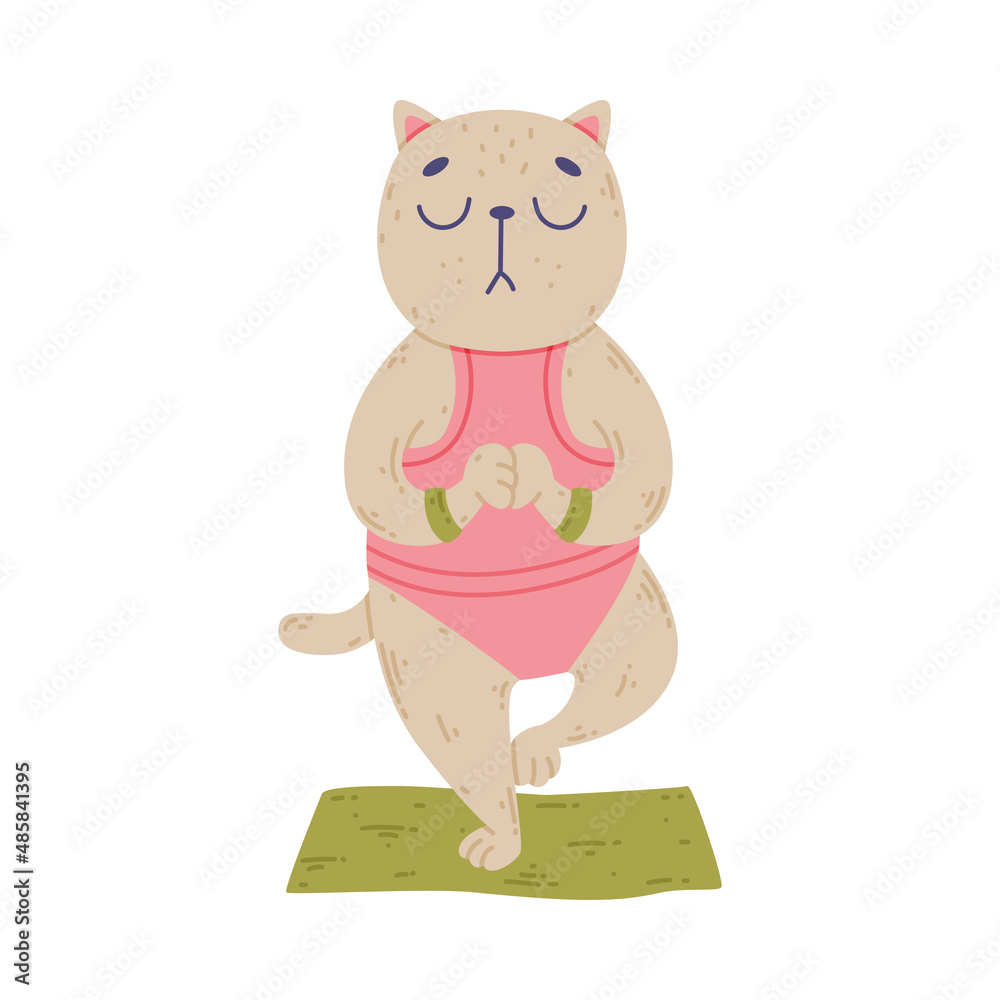 Wall mural Funny Cat Animal on Yoga Mat Practicing Asana and Stretching Vector Illustration