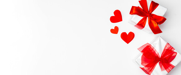 Valentine's Day background. Gifts, hears on white. Concept of love and affection. Holiday card.