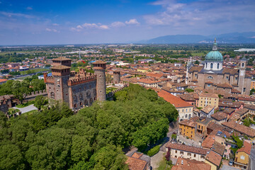 Fototapeta na wymiar Italian Bonoris air view. Italian castle aerial view. Historic Italy aerial view. Historical castle of Italy top view. Bonoris top view.