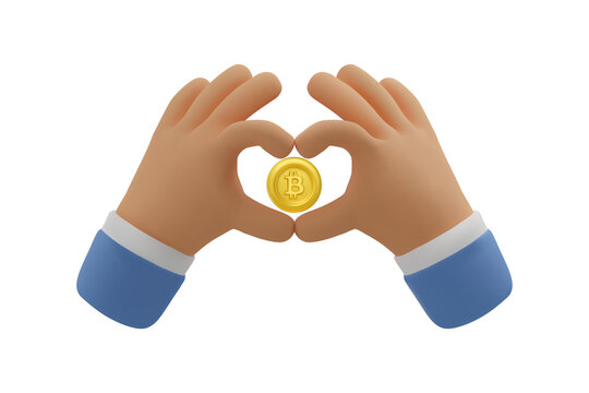 3d icon, love bitcoin concept. Hands making heart shape gesture with golden crypto coin. Vector cartoon clip art.