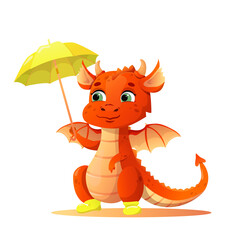 Plakat year of the dragon. vector cartoon dragon stands in yellow rubber boots and holds a yellow umbrella in its paw. 