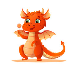 year of the dragon. vector cartoon dragon holds a candy in its paw and licks its lips.