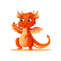 vector cartoon dragon holds an autumn leaf in its paw and looks at it.	