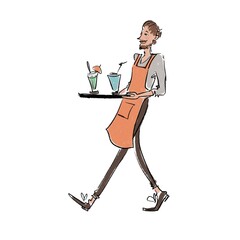 stylish cute slender barista and a waiter in an apron carries drinks on a tray illustration 