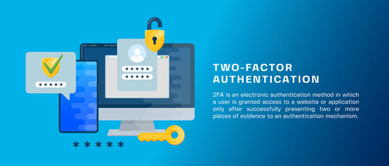 Two factor autentication security illustration banner. Login confirmation notification with password code message. Smartphone, mobile phone and computer app account shield lock icons Isolated