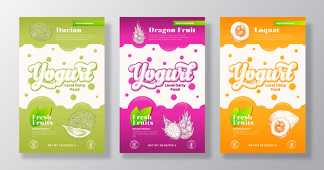 Fruits and Berries Yogurt Label Templates Set. Abstract Vector Dairy Packaging Design Layouts Collection. Modern Banner with Hand Drawn Durian, Pitaya and Loquat Sketches Background Isolated