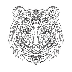 Tiger head. Decorative linear ornamented pattern in doodle style. Isolated vector coloring book on a white background.