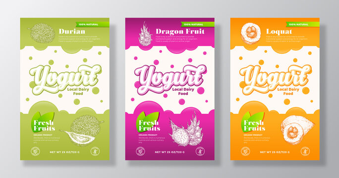 Fruits and Berries Yogurt Label Templates Set. Abstract Vector Dairy Packaging Design Layouts Collection. Modern Banner with Hand Drawn Durian, Pitaya and Loquat Sketches Background Isolated